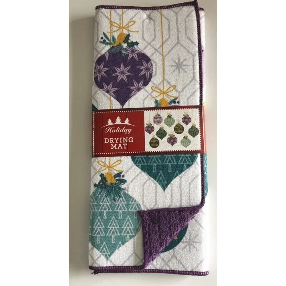 Christmas Super Absorbent Dish Drying Mat Ornament Print Holiday 15x20